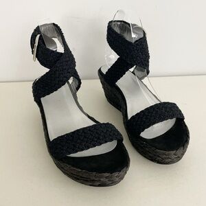Stuart Weitzman Alex lo Wedge Espadrille Strappy Sandals Size 7.5 Black Woven
